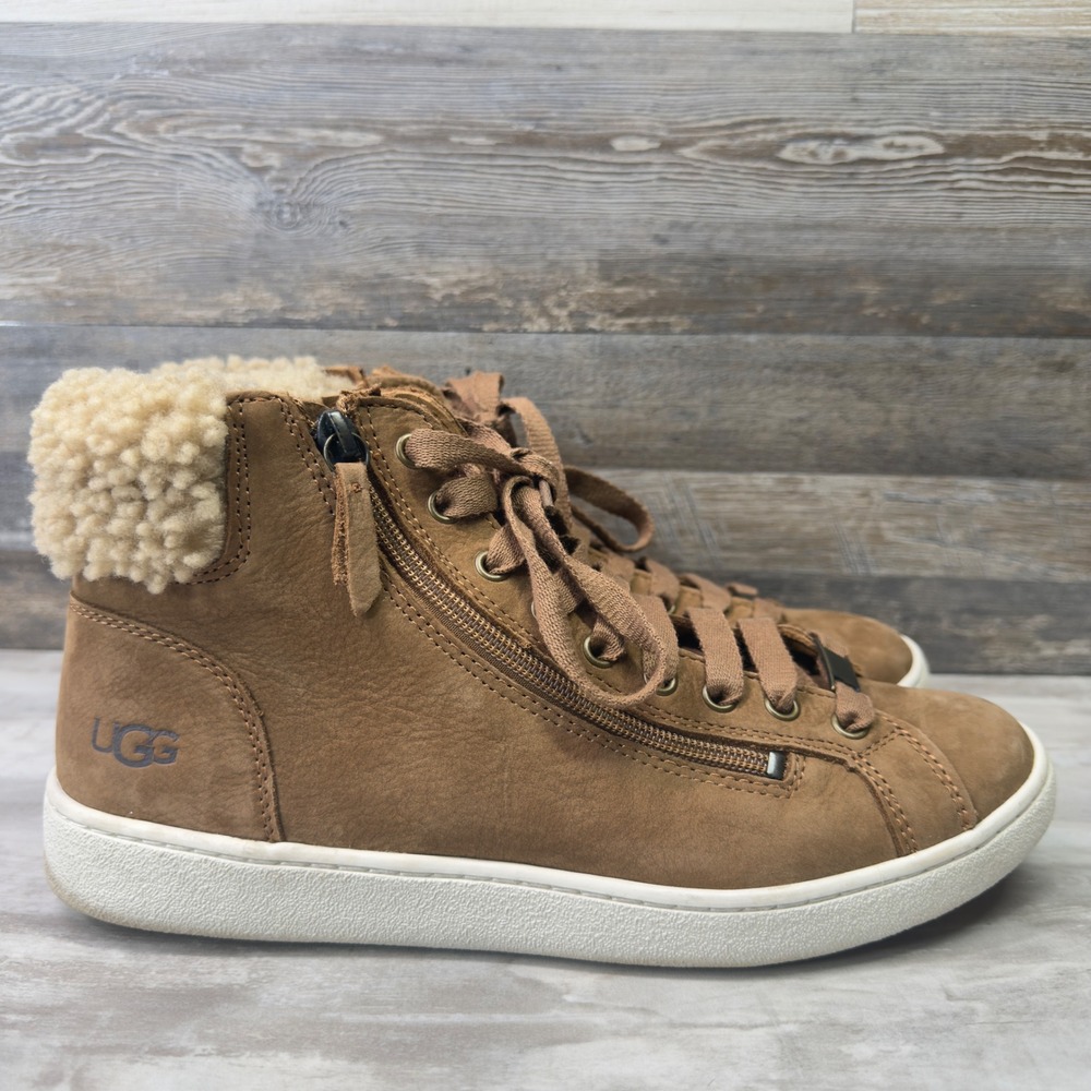 UGG Olive Womens Size 10 Chestnut Brown Leather Shearling High Top Sneakers Boot